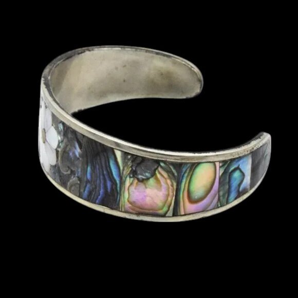 Vintage Flower Abalone MOP Silver Tone Bracelet Hencho En Mexico - Picture 4 of 6